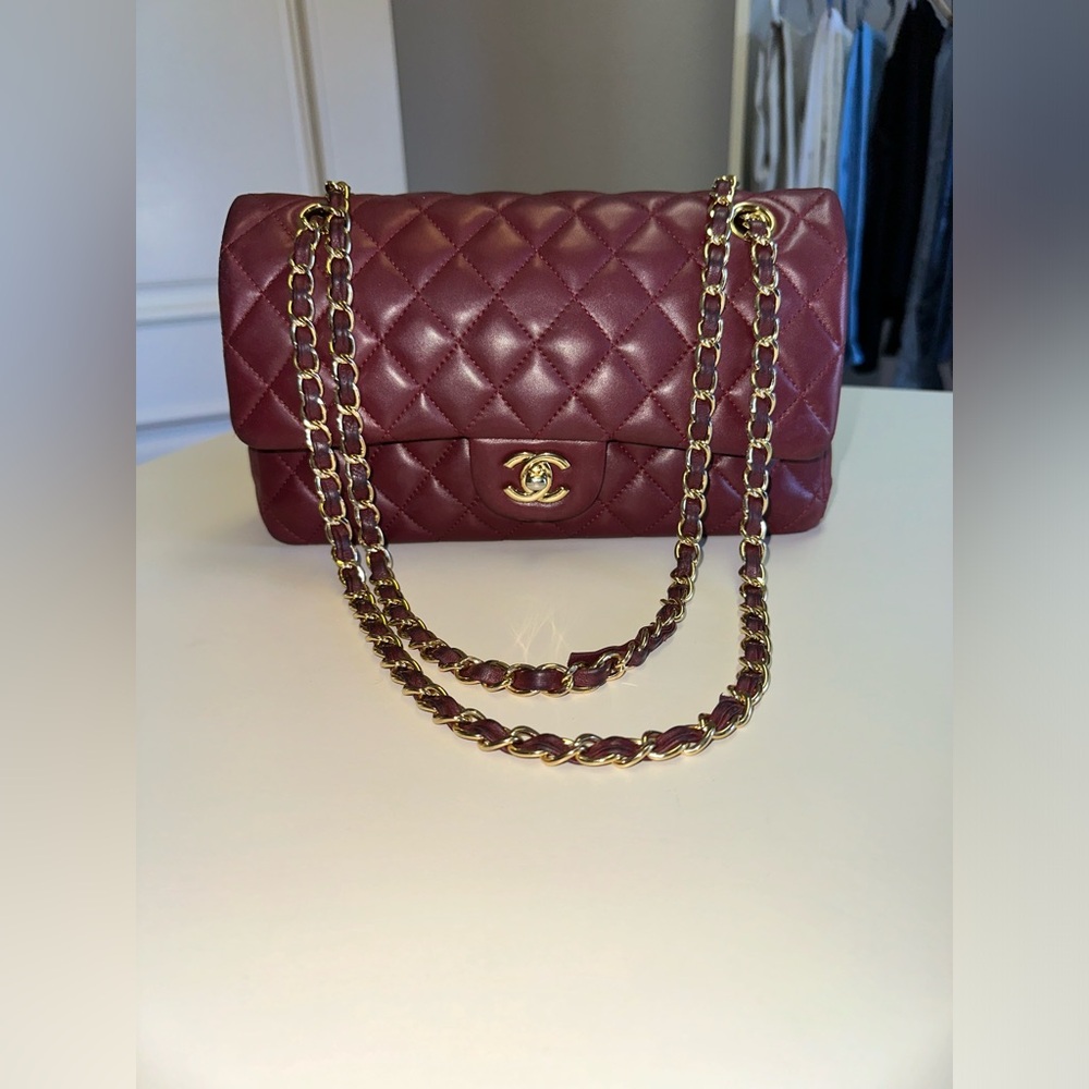 CHANEL quilted lamb skin chain purse in burgundy!